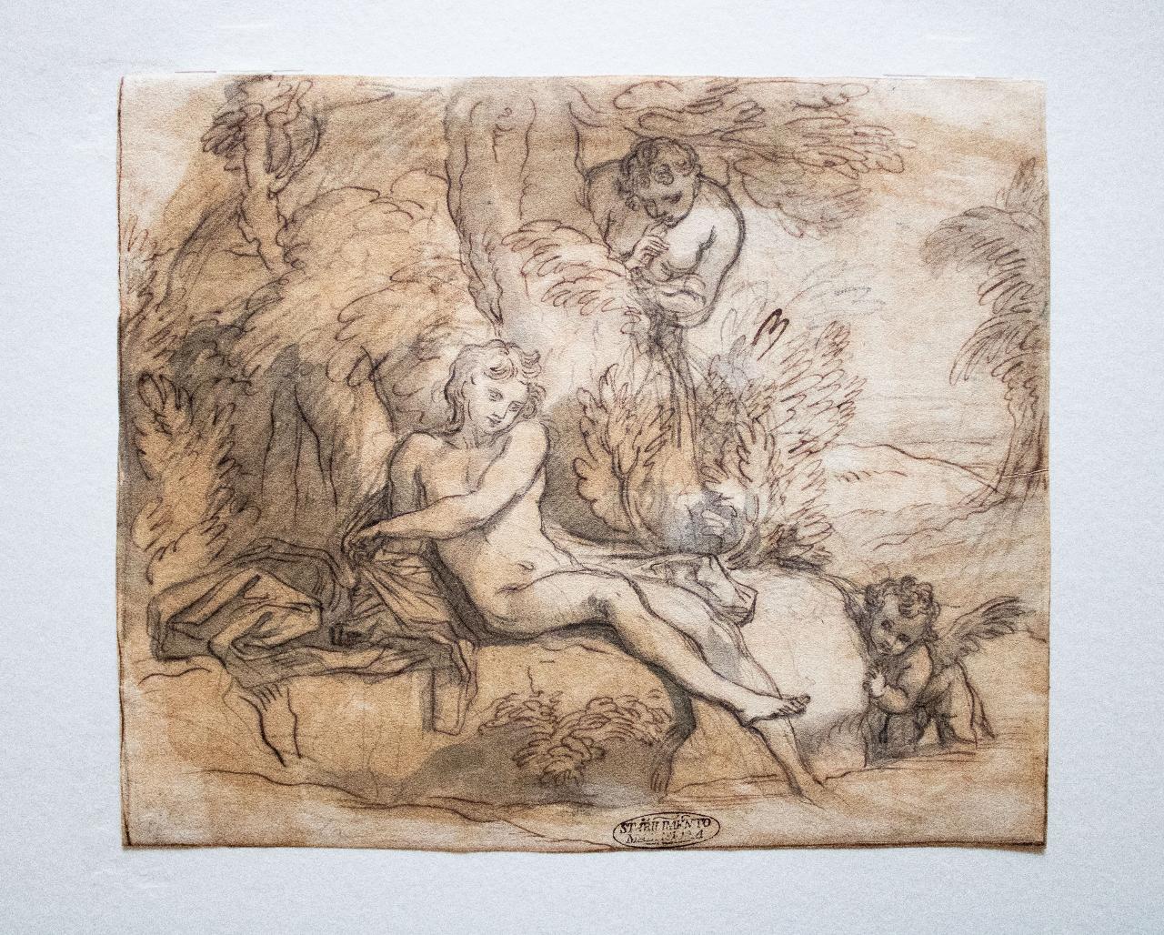Eros e amorini in paesaggio boschivo, Eros e amorini in paesaggio boschivo (disegno) - ambito italiano (seconda metà sec. XVII)
