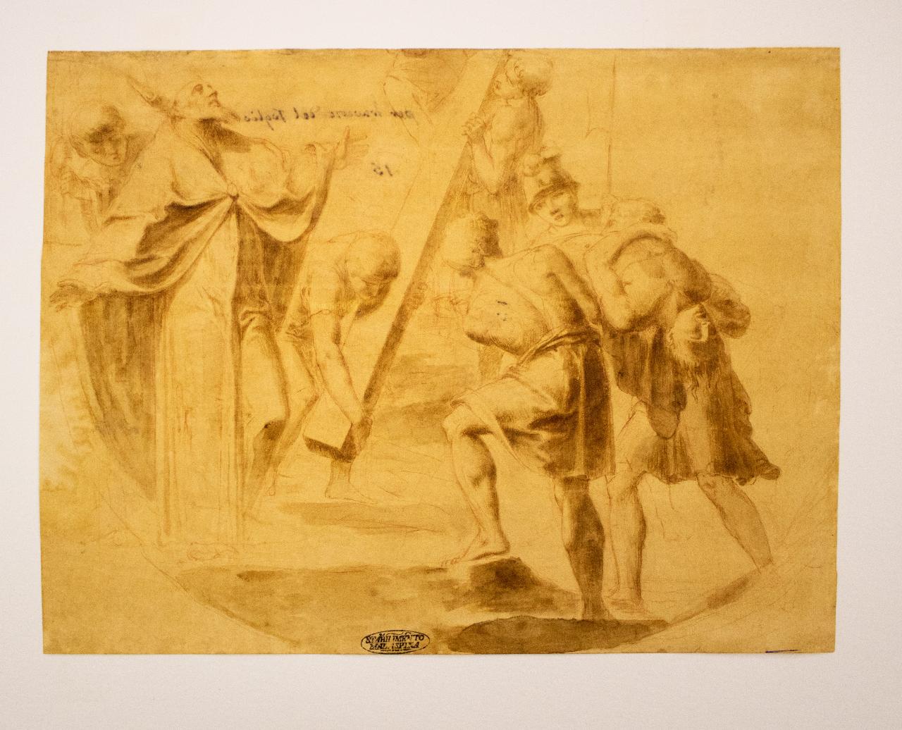 Vescovo intercede alla discesa dalla croce di un condannato, Vescovo intercede alla discesa dalla croce di un condannato (disegno) - ambito italiano (sec. XVII)