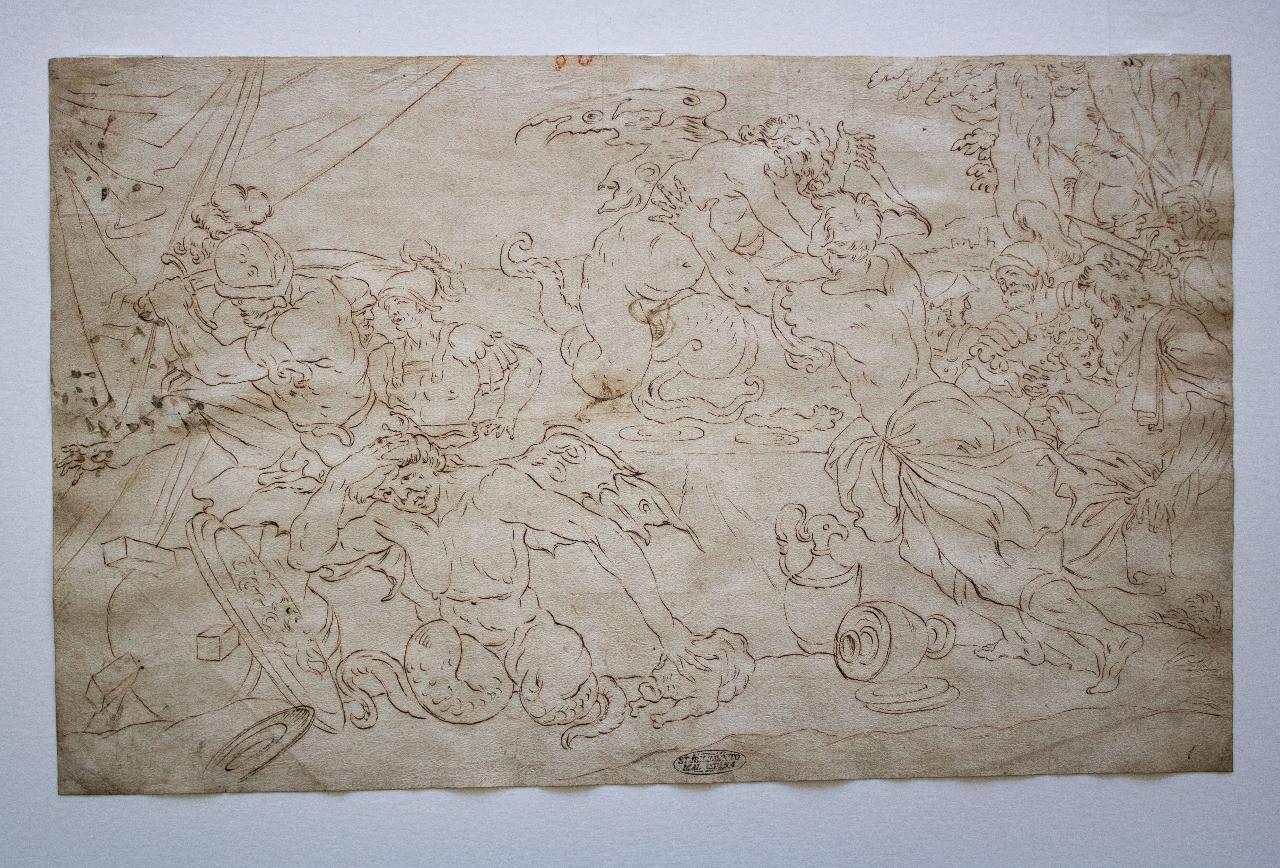 I troiani tentano di cacciare le arpie, I troiani tentano di cacciare le arpie (disegno) di Mitelli, Giuseppe Maria - ambito emiliano (seconda metà sec. XVIII)