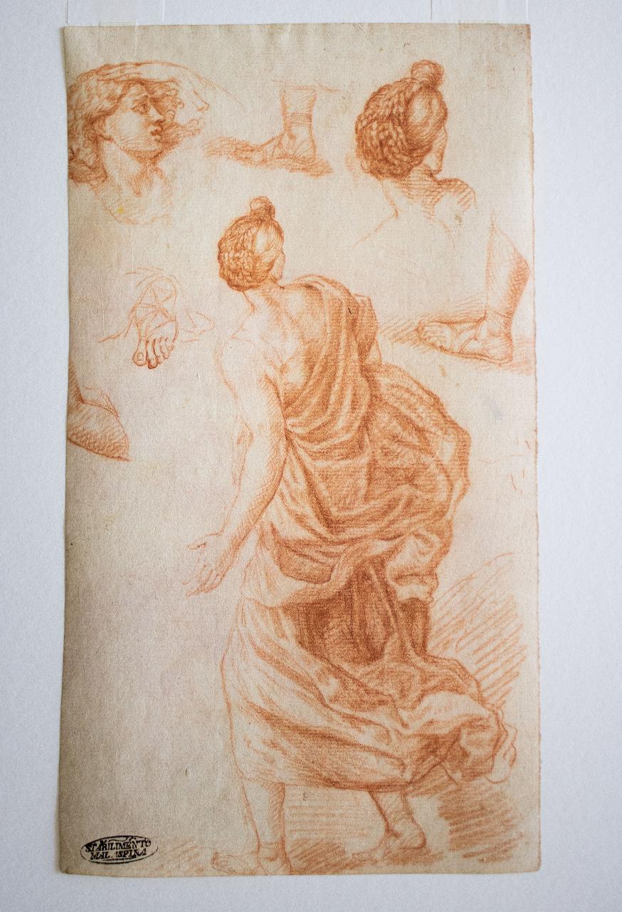 Studio di figura femminile panneggiata e studi di particolari, Figura femminile panneggiata e studi (disegno) - ambito italiano (sec. XVII)