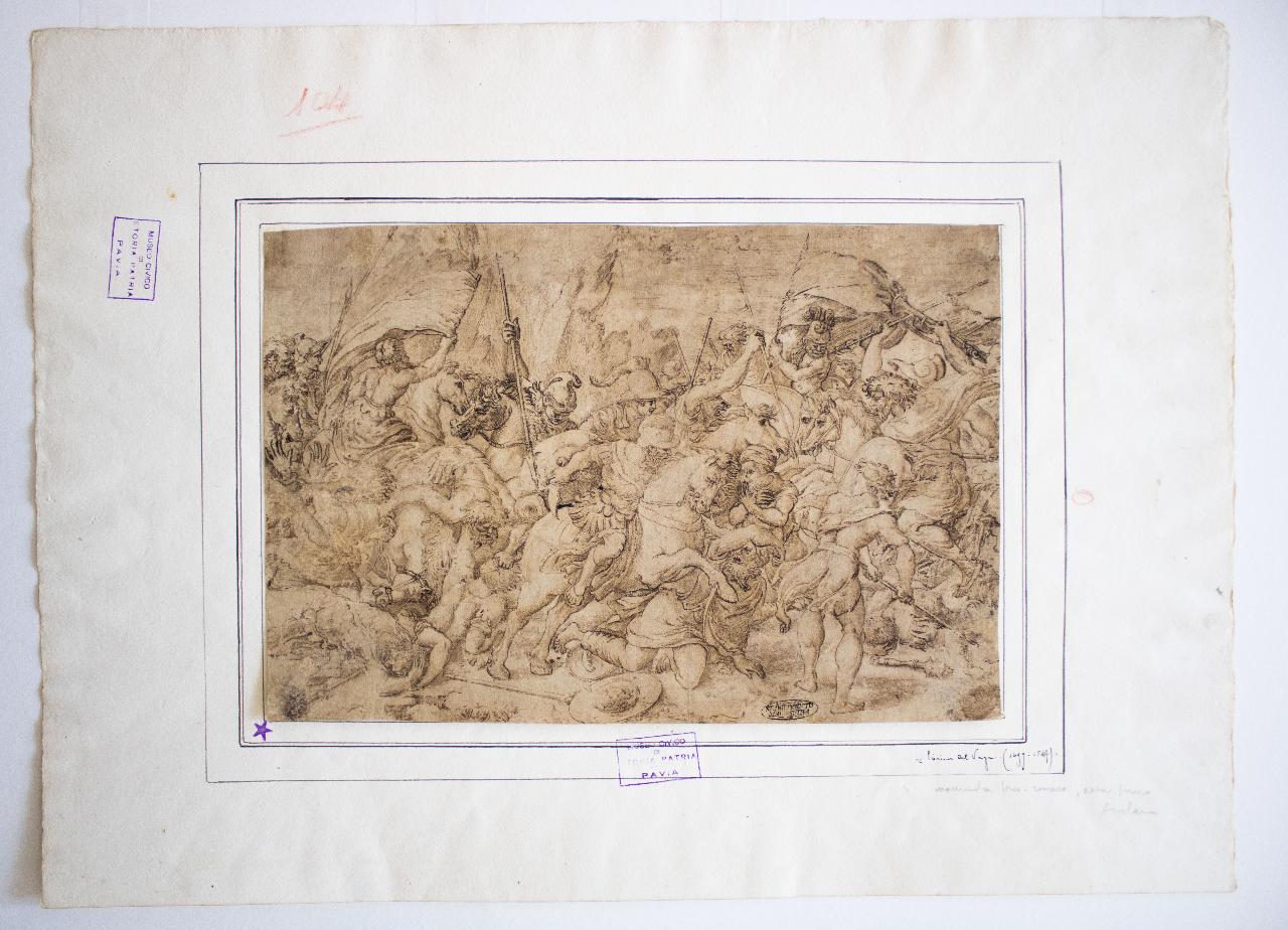 Battaglia co. armati di scudo e lancia, Battaglia co. armati di scudo e lancia (disegno) di Caraglio, Gian Jacopo; Sanzio, Raffaello (; attribuito) - ambito italiano (sec. XVI)