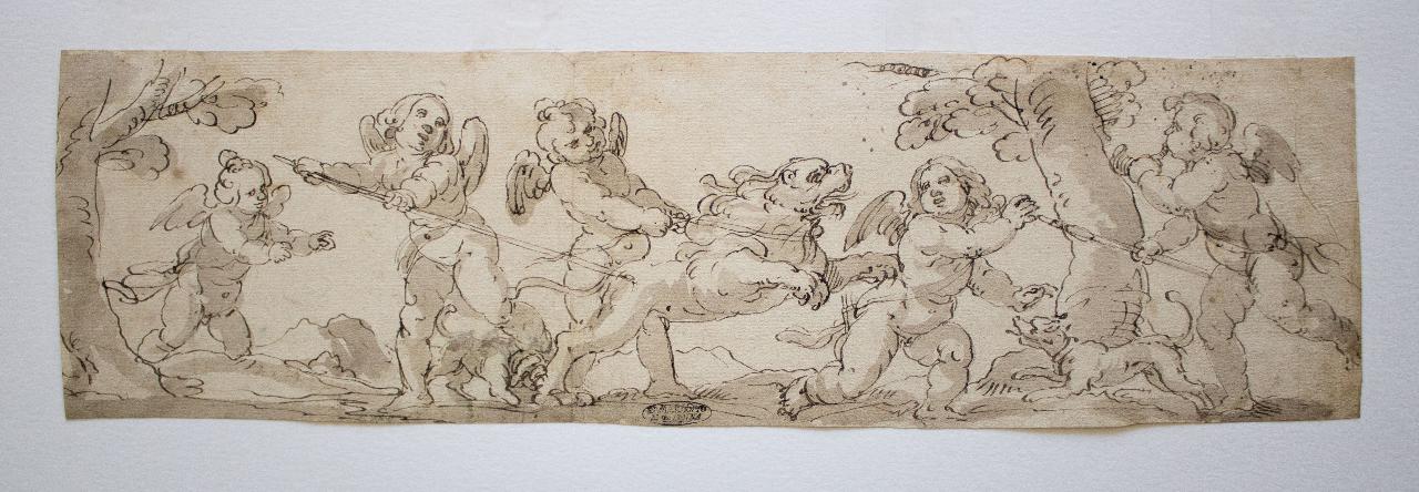 Putti che cacciano un leone, Putti che cacciano un leone (disegno) di Cappellino, Giovanni Domenico (sec. XVII)