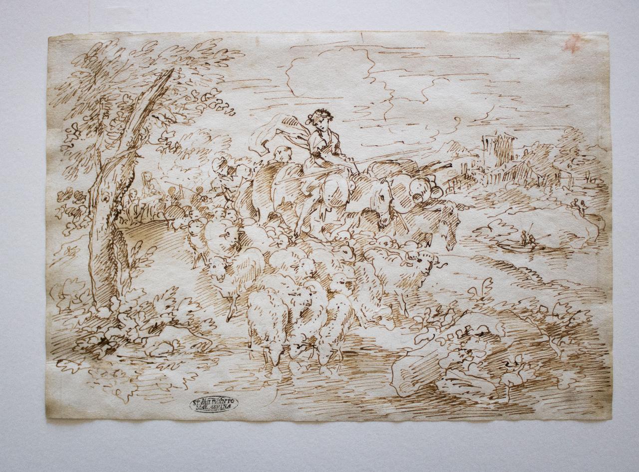 Il ritorno dell'armento, Scena di genere con pastorella e gregge (disegno) di Castiglione, Giovanni Francesco (secc. XVII/ XVIII)