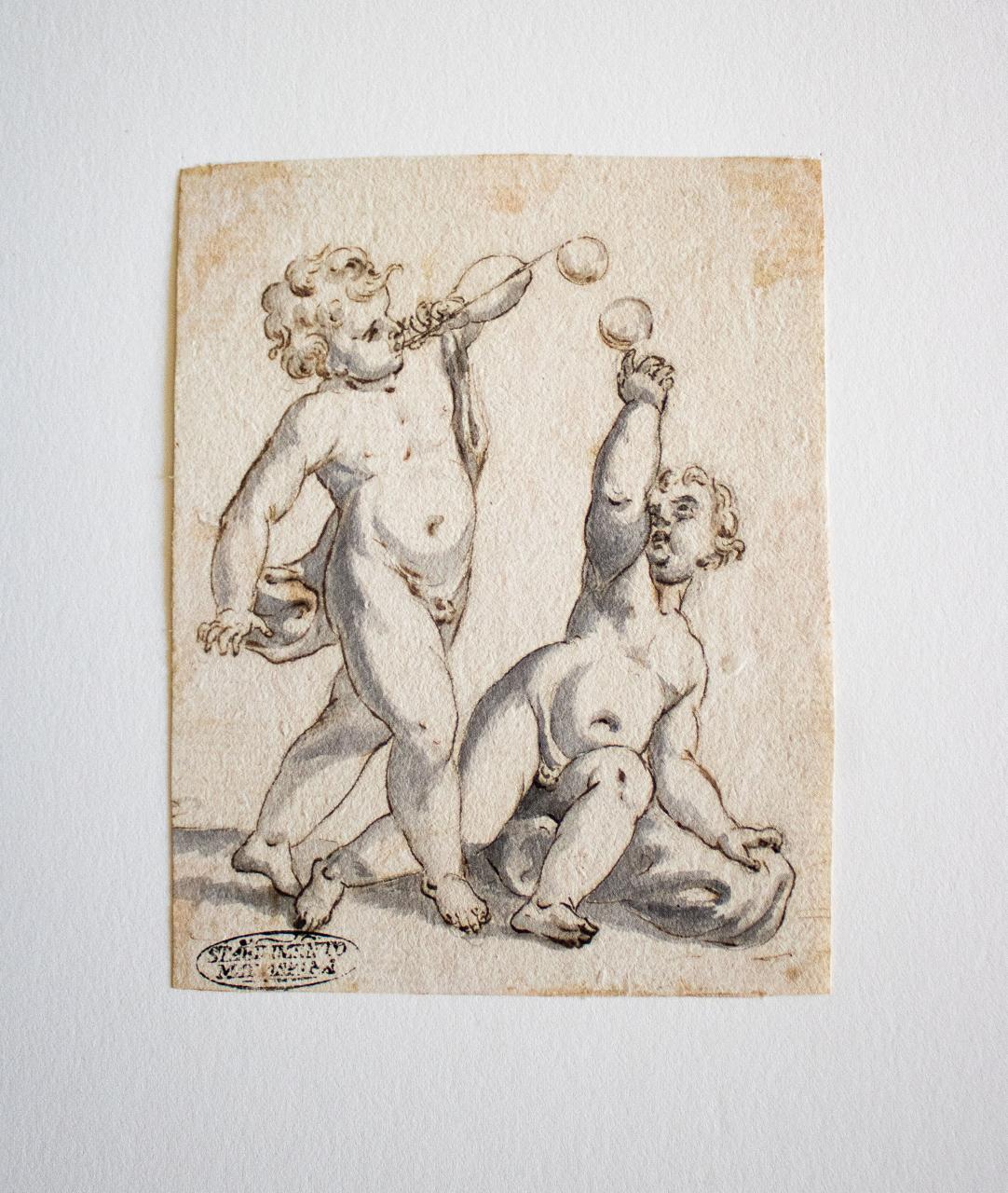 Due putti che giocano con le bolle di sapone, Due putti che giocano con le bolle di sapone (disegno) - ambito italiano (sec. XVIII)