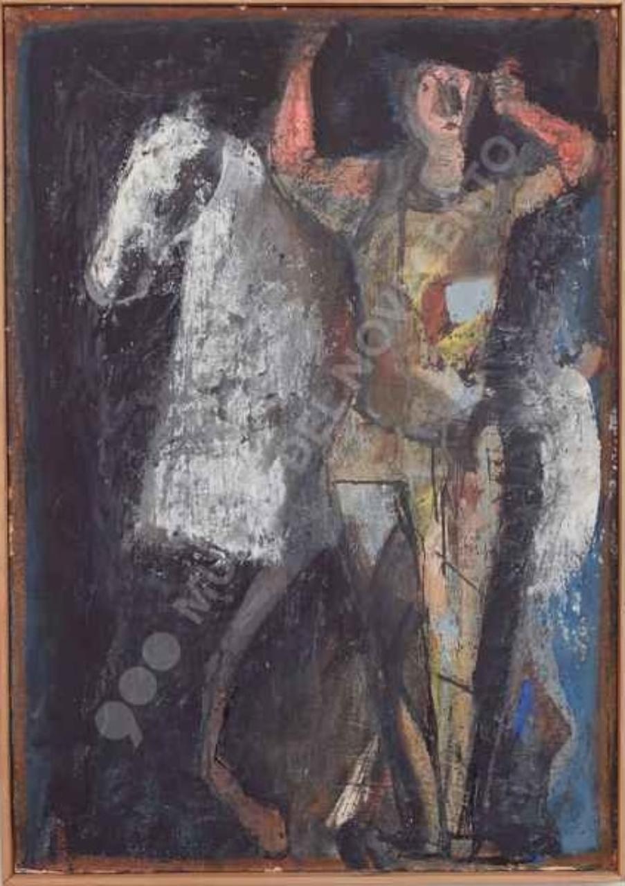 Giocoliere con cavallo, cavallo e cavaliere (dipinto) di Marini, Marino (sec. XX)