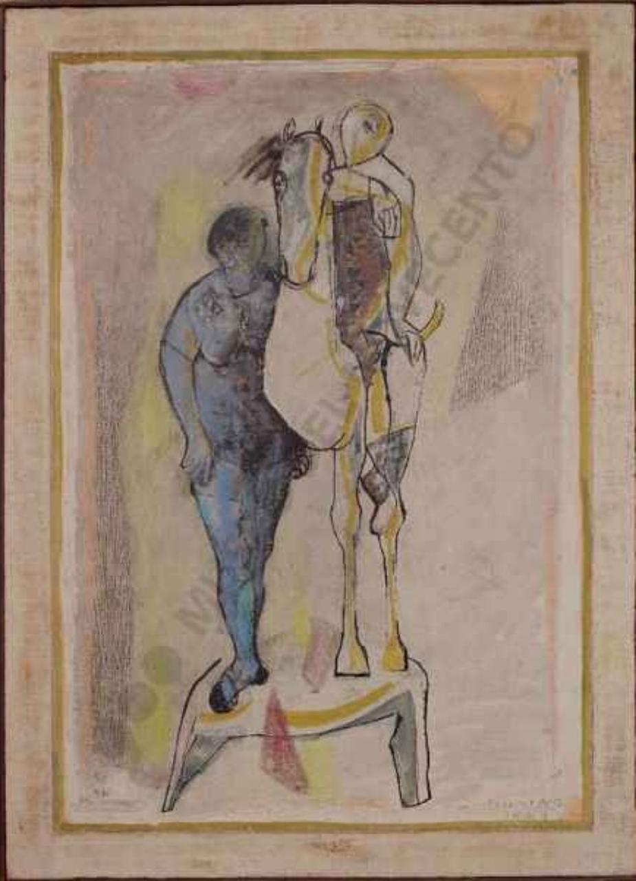 Acrobati, figure maschili e cavallo (dipinto) di Marini, Marino (sec. XX)