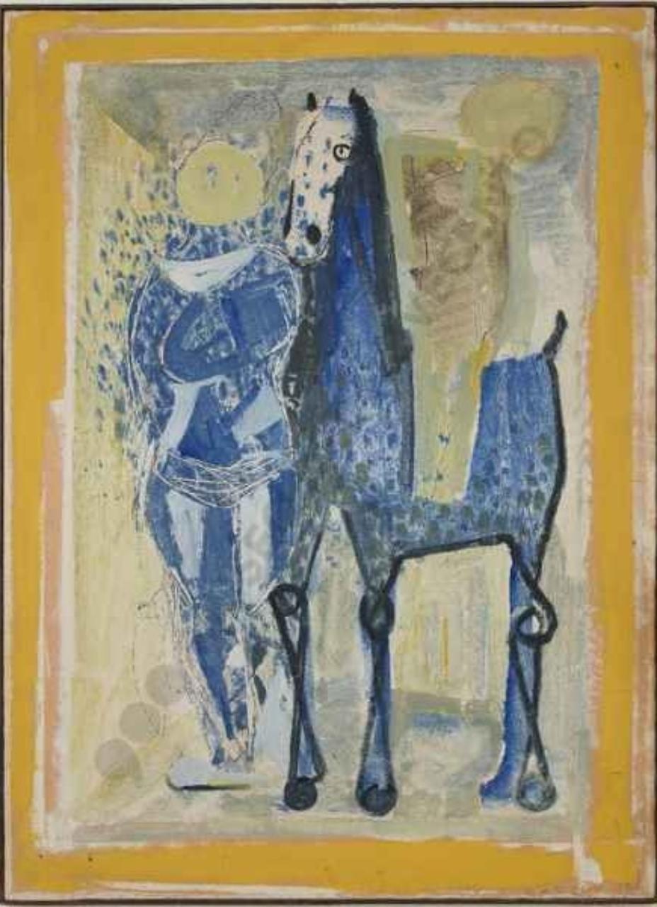 Giallo e Blu, figura maschile e cavallo (dipinto) di Marini, Marino (sec. XX)