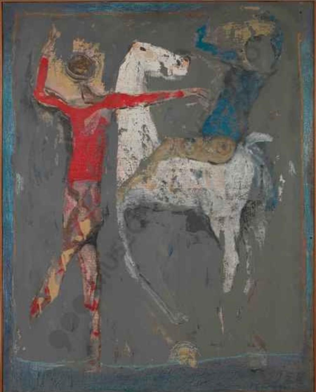 Giocolieri, giocolieri e cavallo (dipinto) di Marini, Marino (sec. XX)