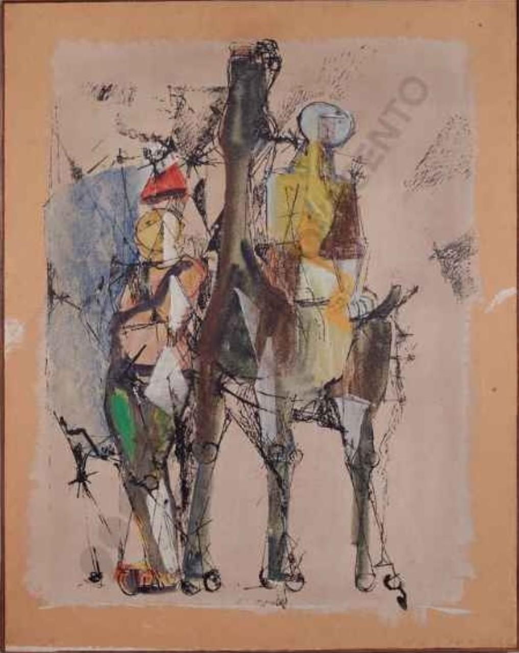 Personaggi da circo II, due figure maschili e cavallo (dipinto) di Marini, Marino (sec. XX)