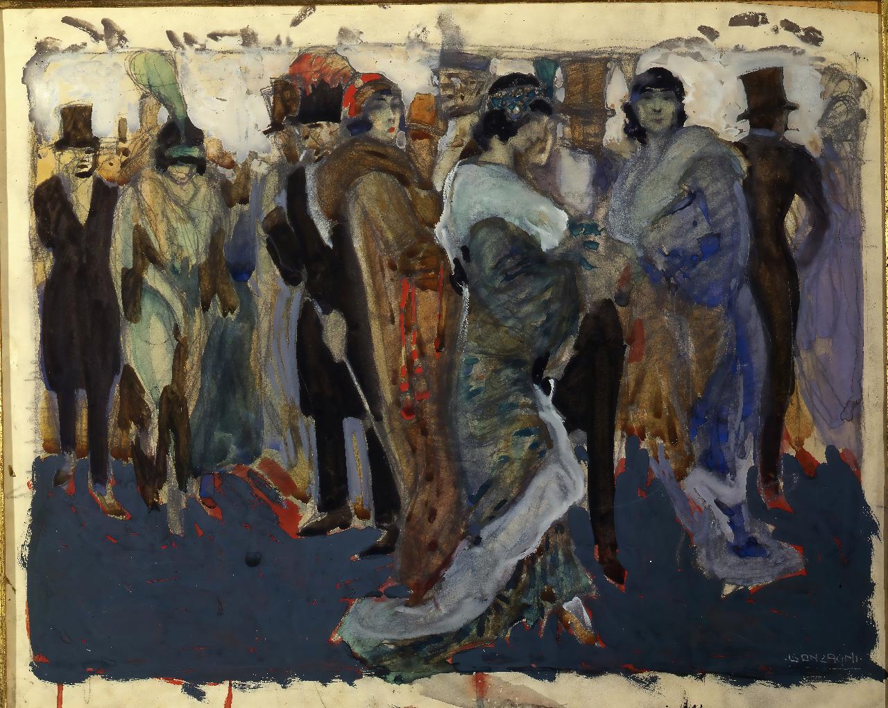 Uscita dalla Scala, A sera, Ritrovo notturno, gruppo di persone (dipinto) di Bonzagni, Aroldo (sec. XX)