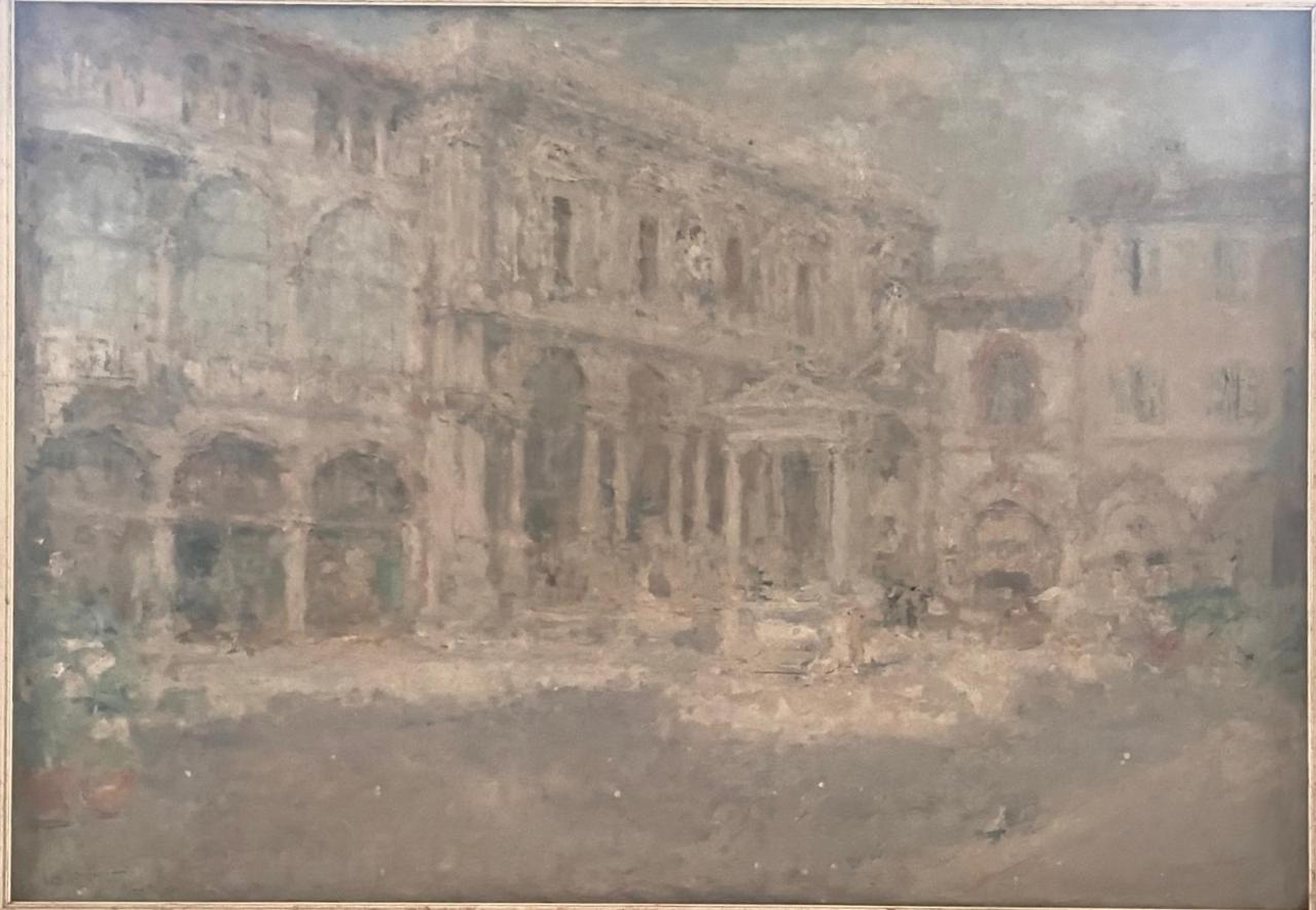 Piazza Mercanti, paesaggio urbano (dipinto) di Mantovani, Luigi (sec. XX)