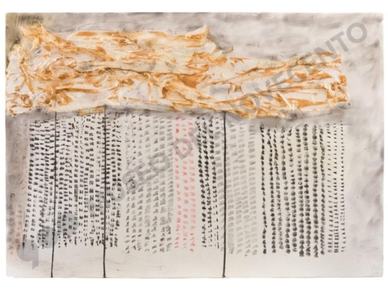 Senza titolo, riquadro in gesso con elemento in carta nella parte superiore e in quella inferiore decorazione della superficie con pennellate a brevi segmenti (dipinto) di Melotti, Fausto (sec. XX)