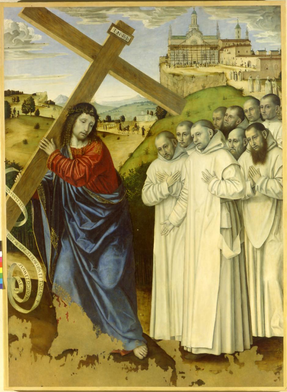 CRISTO PORTACROCE CON DIECI CERTOSINI (pala d'altare) di Bergognone - ambito lombardo (fine sec. XV)