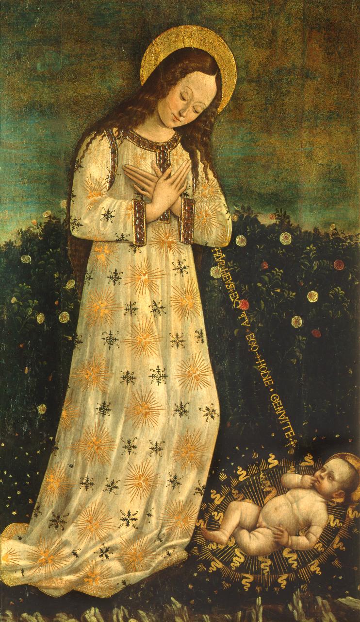 MADONNA IN ADORAZIONE DEL BAMBINO (dipinto) di Bevilacqua, Giovanni Ambrogio (attr.) - ambito lombardo (fine/ inizio sec. XV)