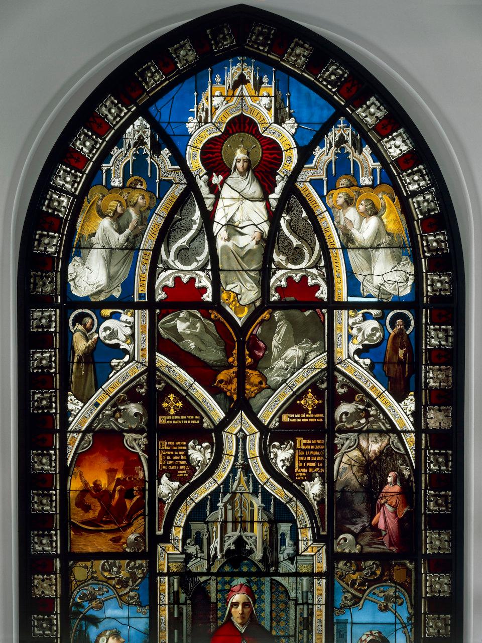 Vetrata dantesca, Glorificazione di Dante, glorificazione di Dante (vetrata dipinta) di Bertini, Giuseppe (sec. XIX)