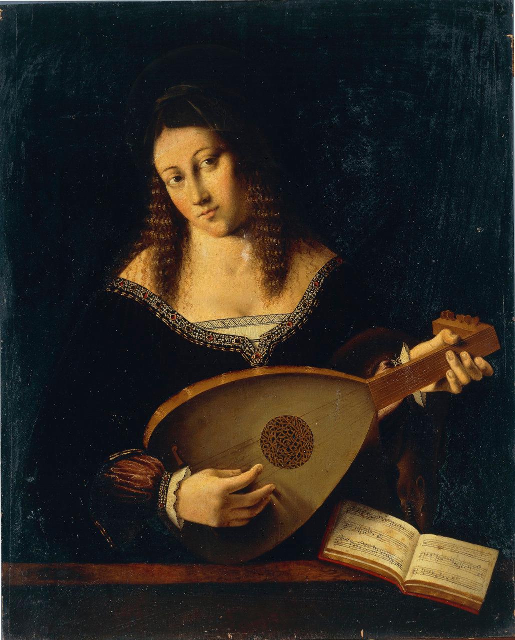 Suonatrice di liuto, suonatrice di liuto (dipinto) di Bartolomeo Veneto (copia da) (primo quarto sec. XVI)