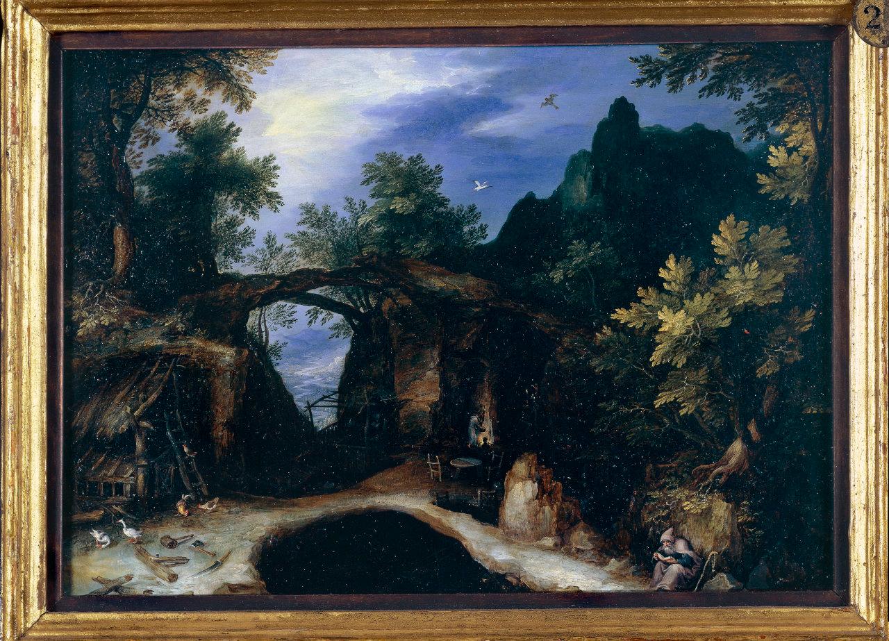 Paesaggio con cisterna, paesaggio con cisterna e romitaggi (dipinto) di Brueghel, Jan il Vecchio (sec. XVI)