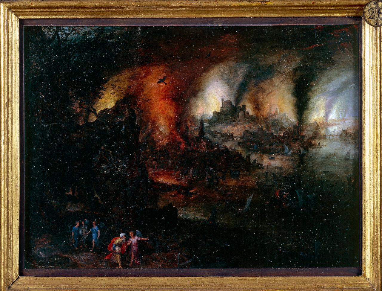 Lot e le figlie fuggono da Sodoma, Lot e le figlie fuggono da Sodoma in fiamme (dipinto) di Brueghel, Jan il Vecchio (sec. XVI)