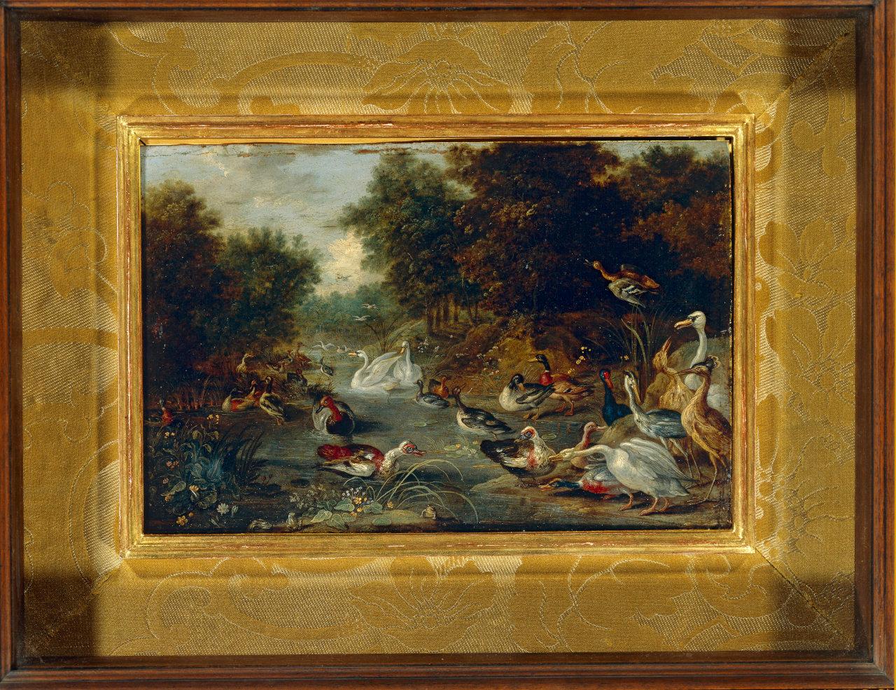 Paesaggio con uccelli, volatili in una palude (dipinto) di Kessel, Jan van I (terzo quarto sec. XVII)