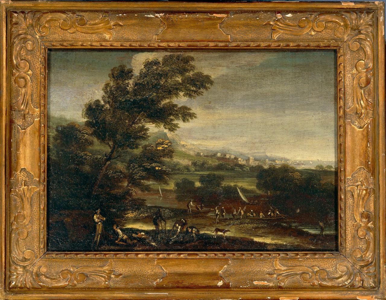 Paesaggio con corso d'acqua e pescatori, paesaggio rurale (dipinto) - scuola italiana (fine/ inizio secc. XVIII/ XIX)