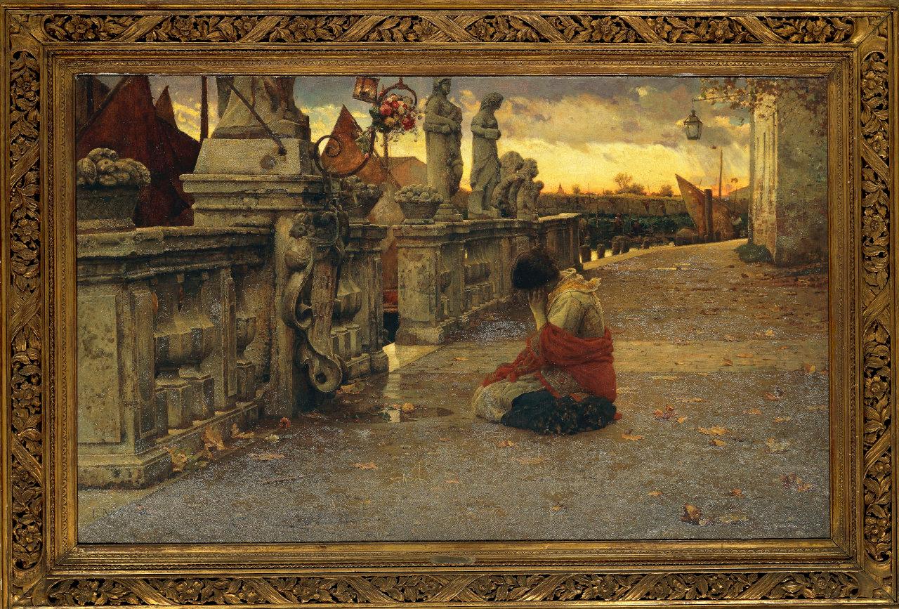 Refugium peccatorum, donna accovacciata presso una balaustra (dipinto) di Nono, Luigi (sec. XIX)