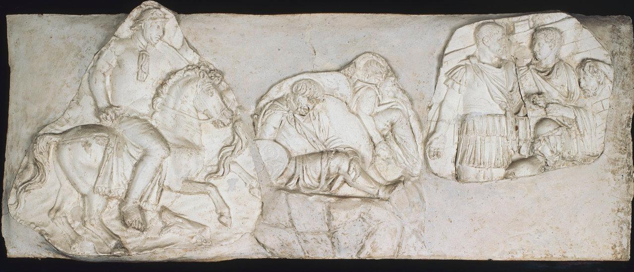 Scene dalla Colonna traiana: Cavaliere a Tapae, Daci caduti, Traiano riceve una testa mozzata (copie), imprese di Traiano (calco di scultura) di Leoni, Leone (prima metà sec. XVI)