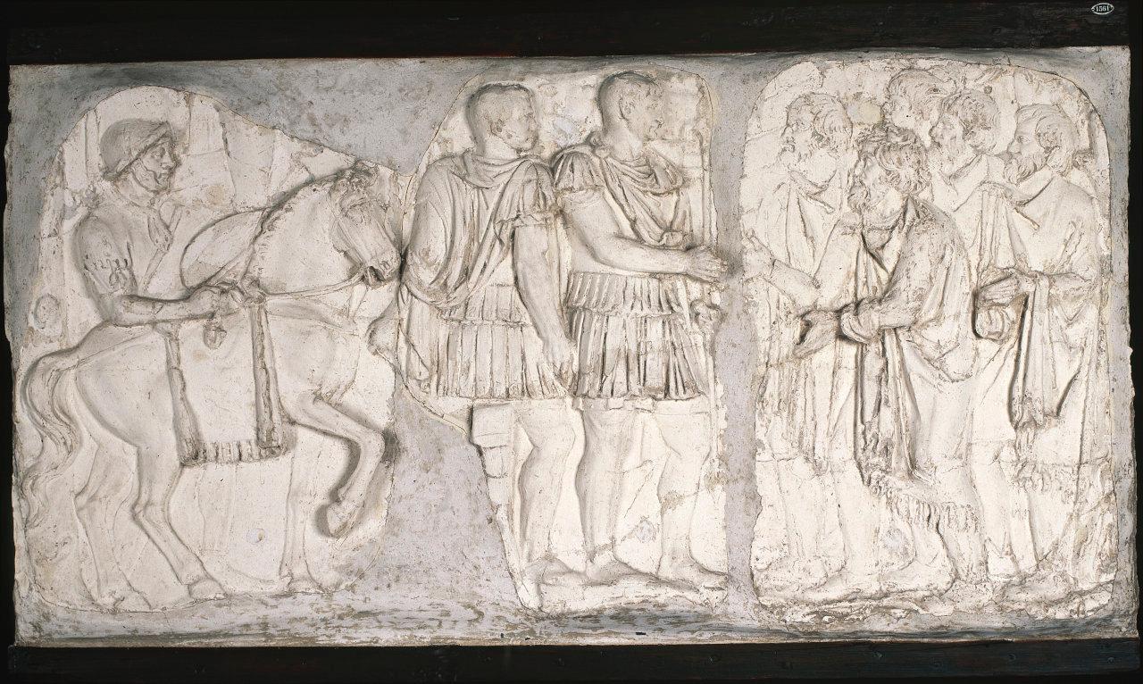 Scene dalla Colonna traiana: Soldato a cavallo, Adlocutio di Traiano, Ambascerie dei Daci (copie), imprese di Traiano (calco di scultura) di Leoni, Leone (prima metà sec. XVI)