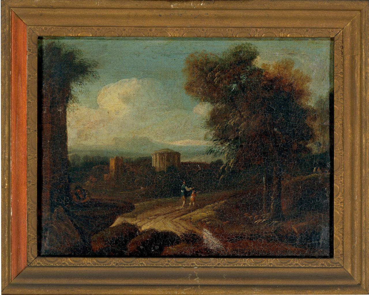 Paesaggio con tempio di Vesta e figure, paesaggio con tempio di Vesta e figure (dipinto) - scuola olandese (sec. XVIII)