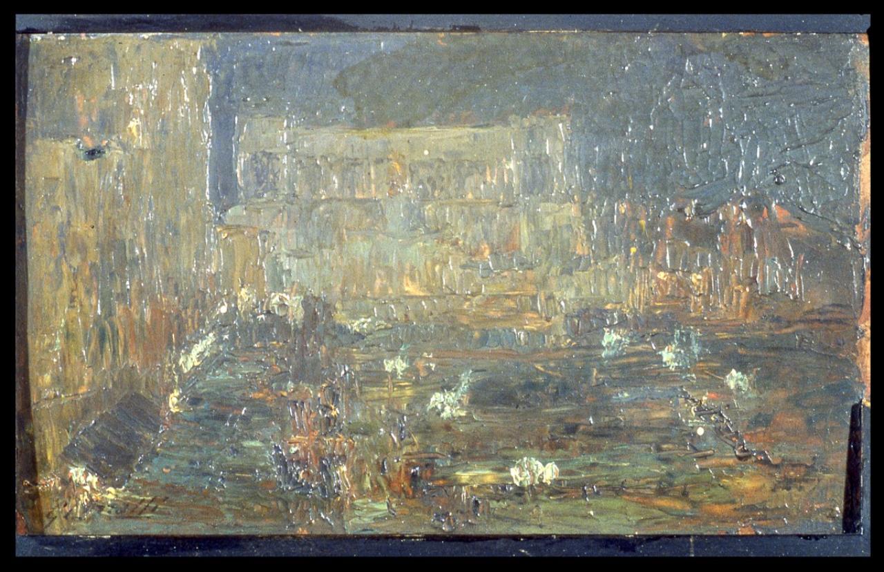 Gruppo di case di sera, Paesaggio con architetture (dipinto) di Cinotti, Guido (sec. XX)