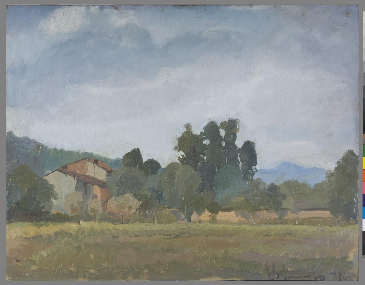 Cascinale e campagna, Paesaggio campestre (dipinto) di Colombo, Ermenegildo (sec. XX)