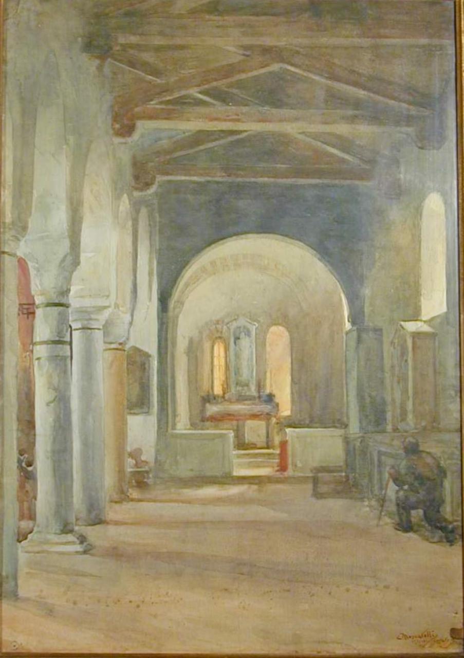 Interno della basilica di Agliate, Architettura religiosa (dipinto) di Moscatelli, Eraldo (sec. XX)