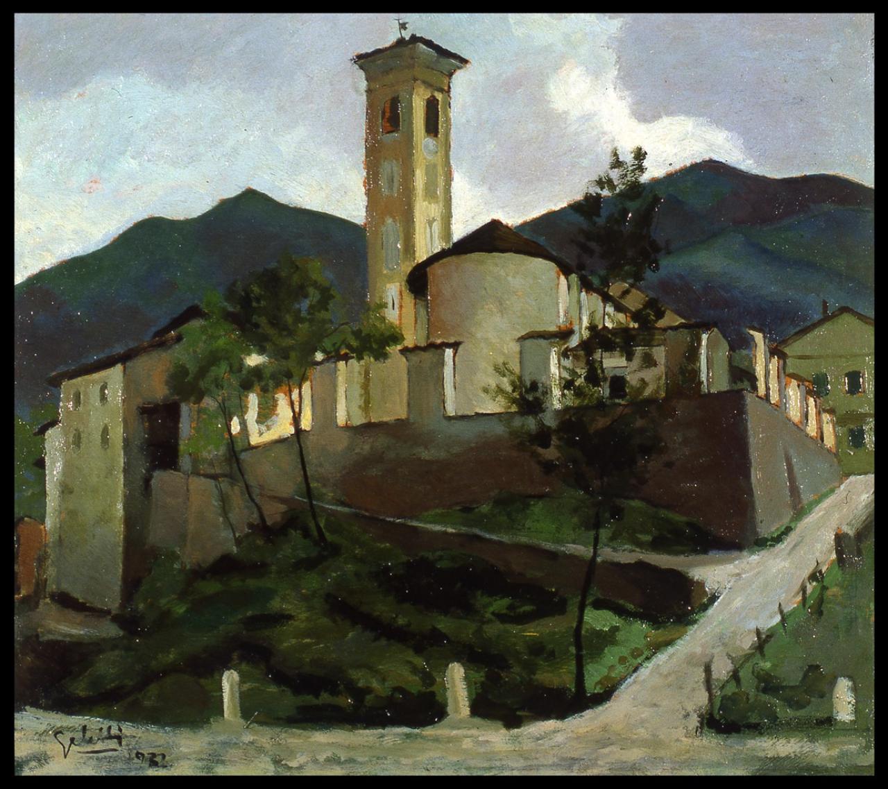 Chiesa di Magreglio, Paesaggio con architetture (dipinto) di Galetti, Ugo (sec. XX)