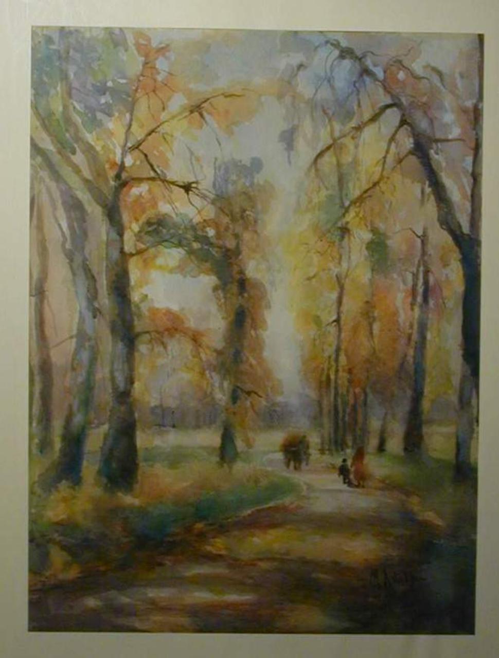 Il parco di Monza, Paesaggio boscoso con figure (dipinto) di Astolfi, Mario (sec. XX)