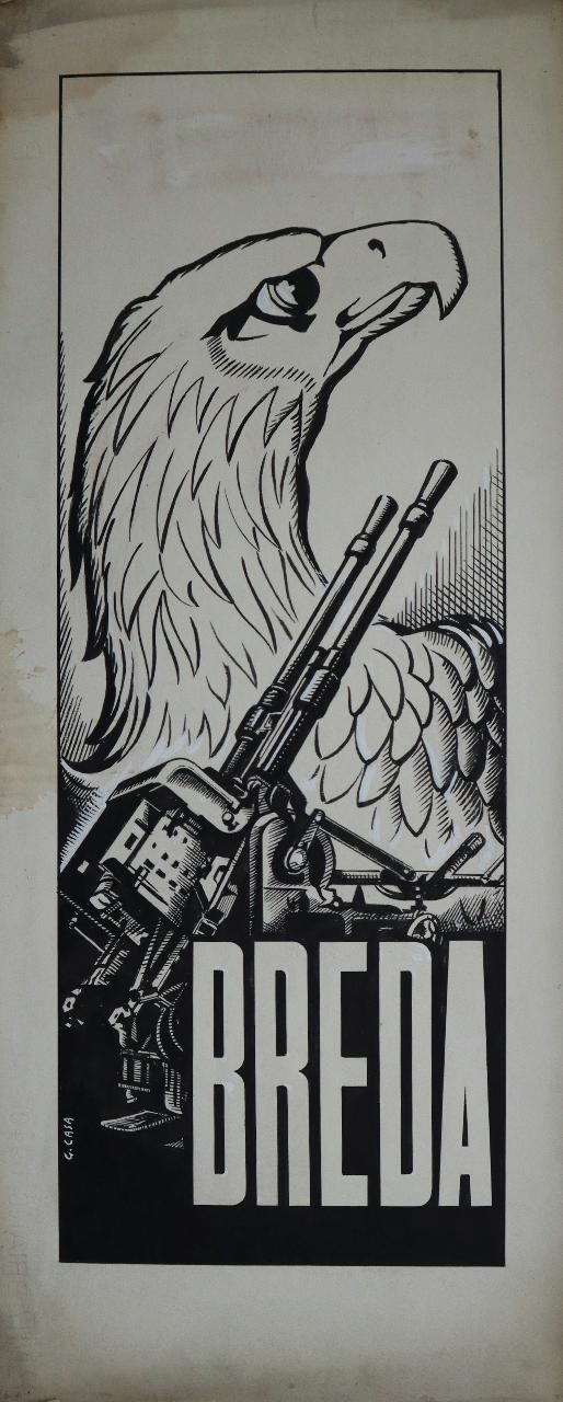 Bozzetto di armi da guerra per campagna pubblicitaria della Società Breda, testa di aquila, postazione antiaerea, iscrizione (disegno) di Casa, G. (sec. XX)