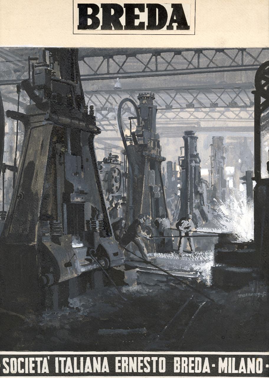 Bozzetto di fonderia per campagna pubblicitaria della Società Breda, operai al lavoro all'interno di una fonderia, iscrizioni (disegno) di Pelizza, F. (sec. XX)