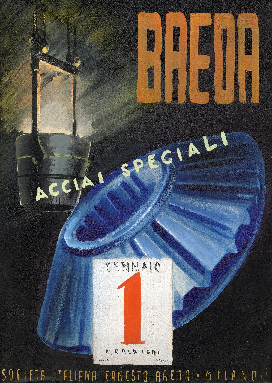 Bozzetto di acciai speciali per campagna pubblicitaria della Società Breda, forma di acciaio lavorato, vaso di versamento, iscrizioni (disegno) di Esposito (sec. XX)