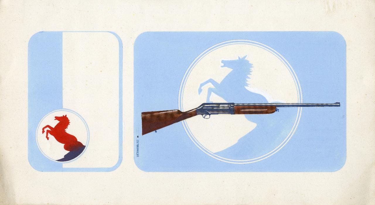 Layout di annuncio pubblicitario per fucile da caccia della Società Breda Meccanica Bresciana, fucile, sagome di cavallino rampante (disegno) di Enneci Agenzia Pubblicità Americana (sec. XX)