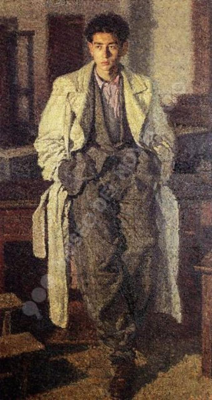 Il giovane con l'impermeabile, figura maschile (dipinto) di Cugusi Brancaleone (sec. XX)