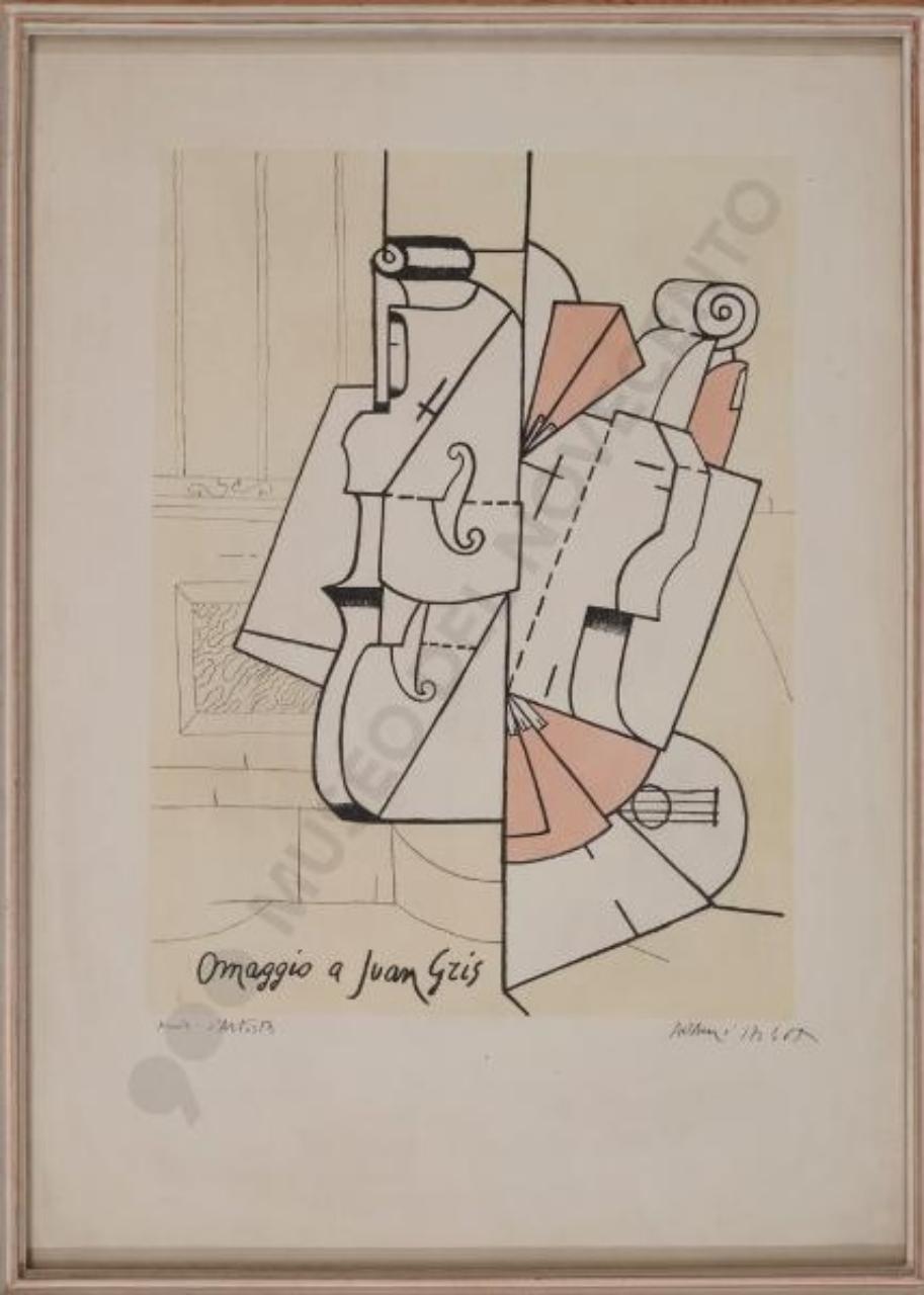 Omaggio a Juan Gris, strumenti musicali (litografia) di Adami, Valerio (sec. XX)