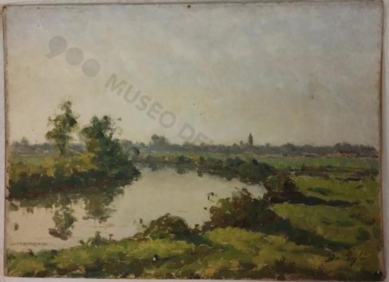 Il fiume Lambro fuori Milano, veduta (dipinto) di De Ceglie, Mauro (sec. XX)