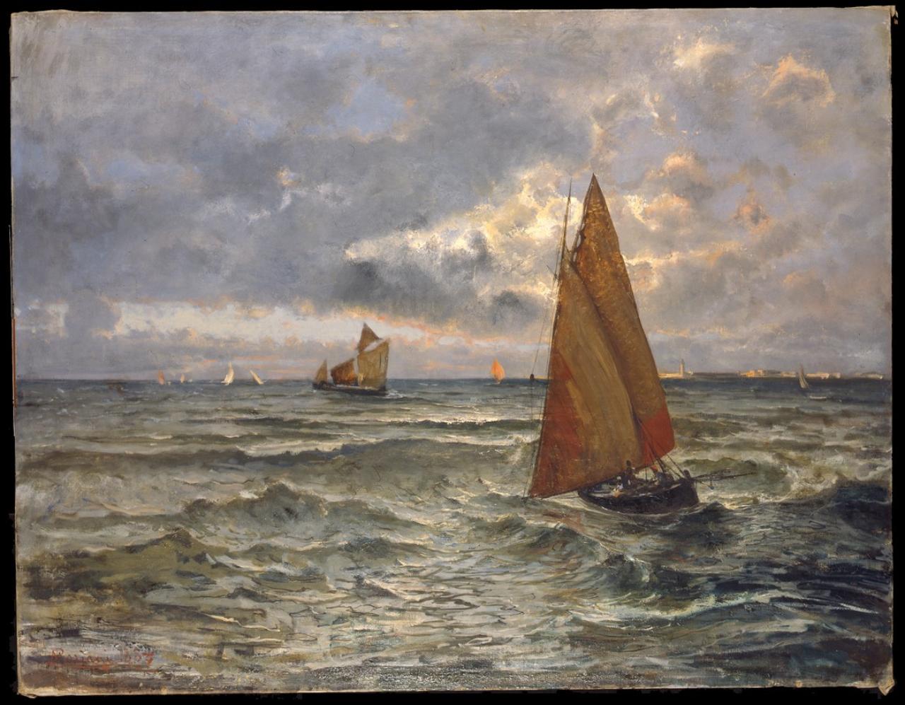 Marina con barche a vela, marina con pescatori e barche (dipinto) di Mariani, Pompeo (sec. XIX)