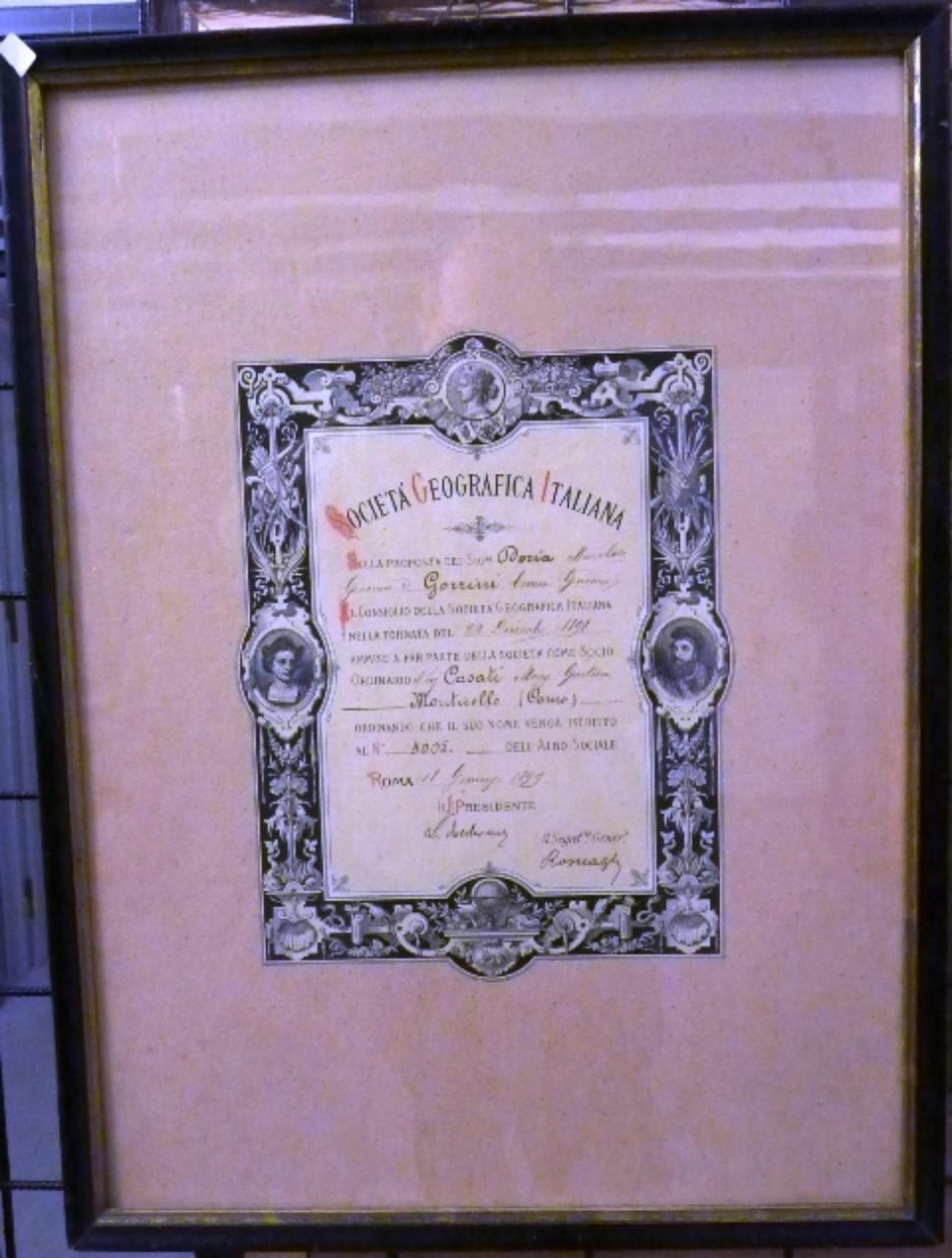 Diploma a Gaetano Casati dalla Società Geografica Italiana, diploma di benemerenza (diploma) di Ignoto (sec. XIX)