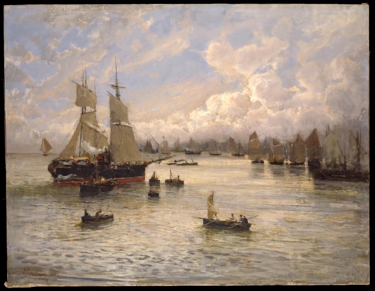 Nave pilotata nel porto, ex "Marina", Paesaggio marino (dipinto) di Mariani, Pompeo (sec. XIX)