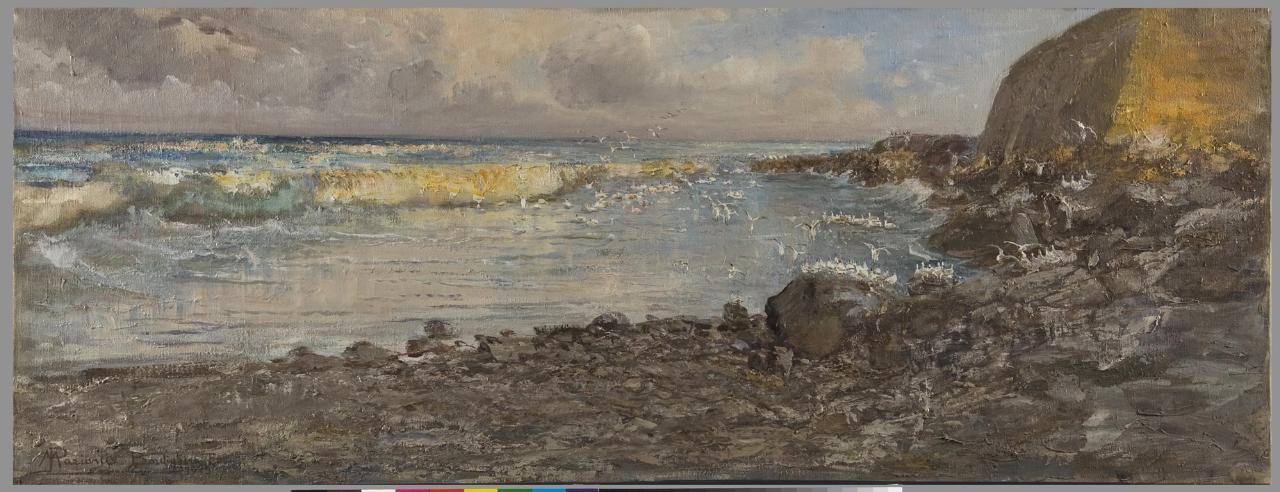 Marina con gabbiani a Bordighera, paesaggio marino (dipinto) di Mariani, Pompeo (sec. XX)