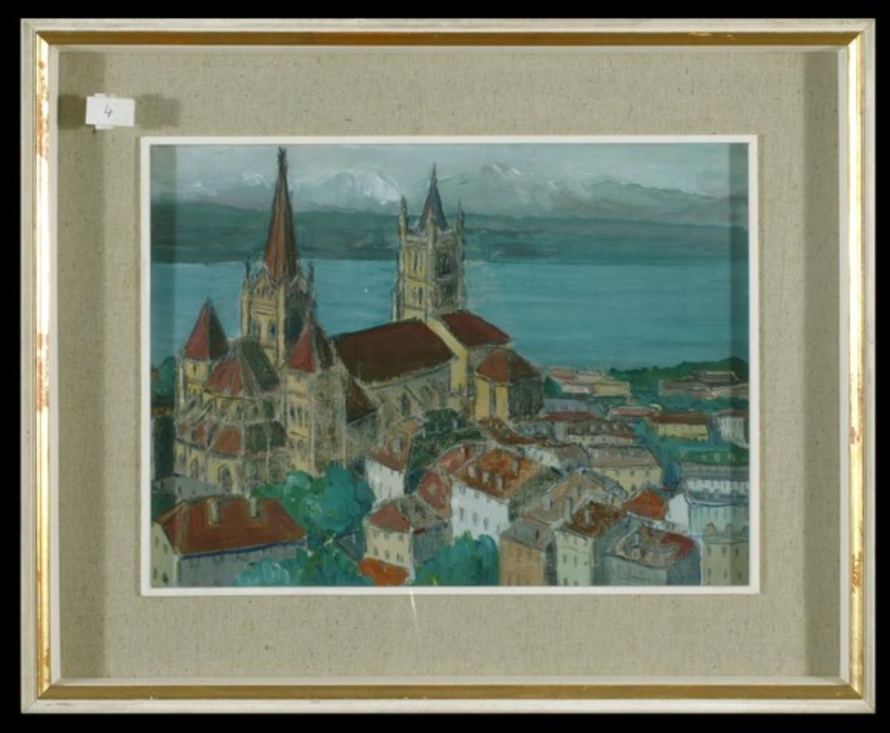 Cattedrale di Losanna, veduta urbana (dipinto) di Nebbia, Ugo (prima metà sec. XX)