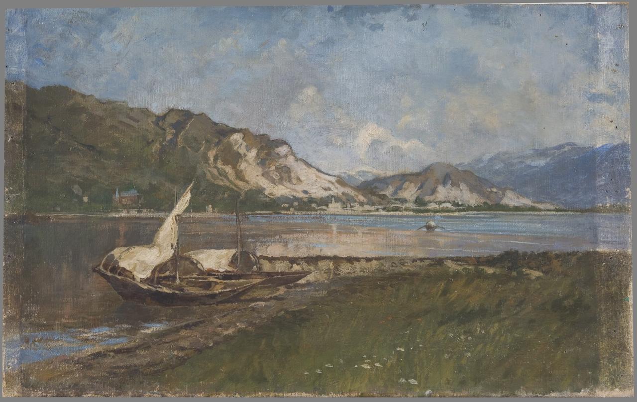 Veduta del lago Maggiore, ex "Barche sul fiume", paesaggio lacustre (dipinto) di Gignous, Eugenio (sec. XIX)