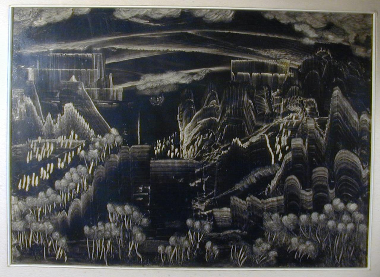 Scena dantesca, paesaggio immaginario (dipinto) di Vici, Elia (sec. XX)