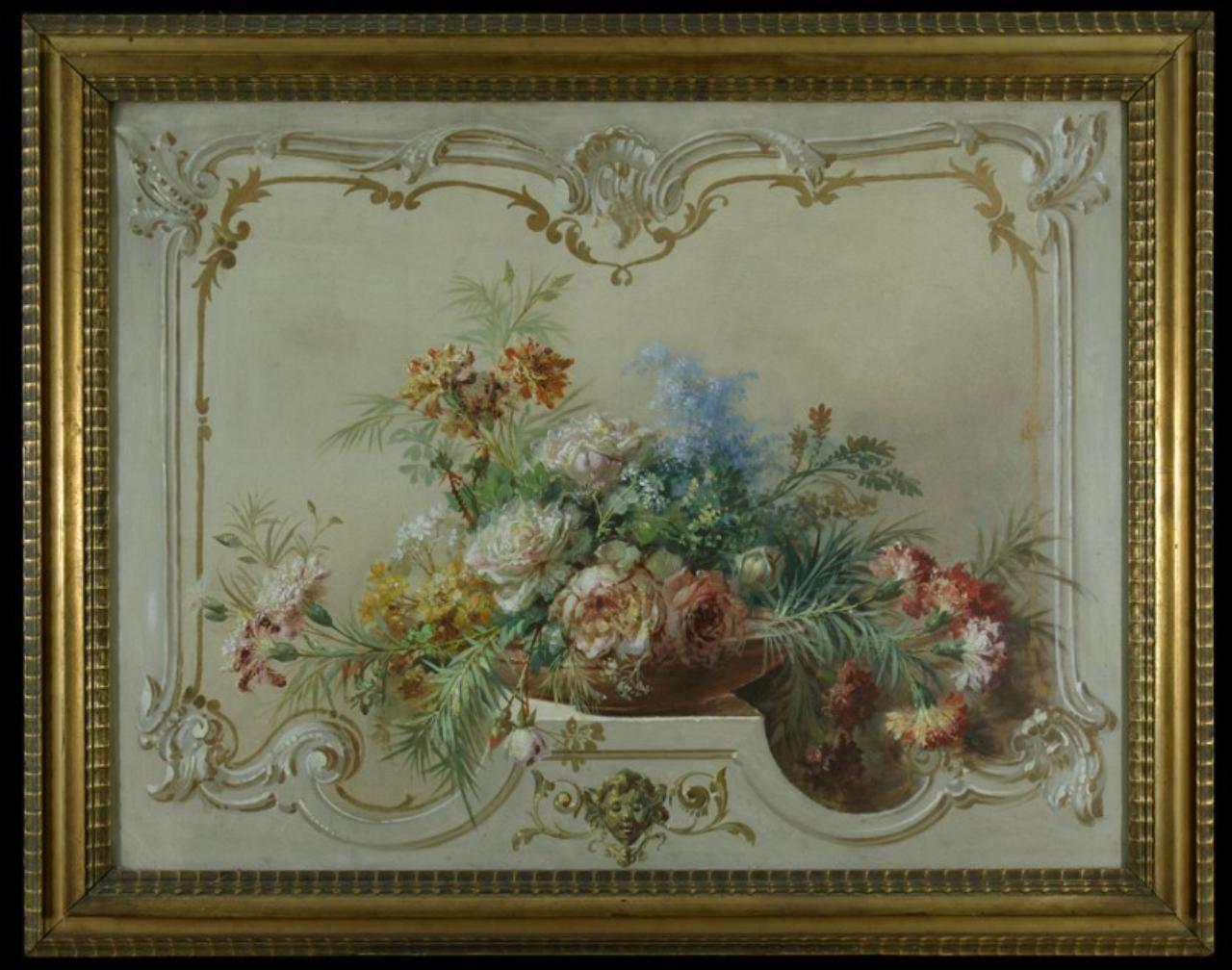 Vassoio con fiori (motivo decorativo sovraporta), natura morta con fiori (dipinto) di Ignoto (sec. XIX)