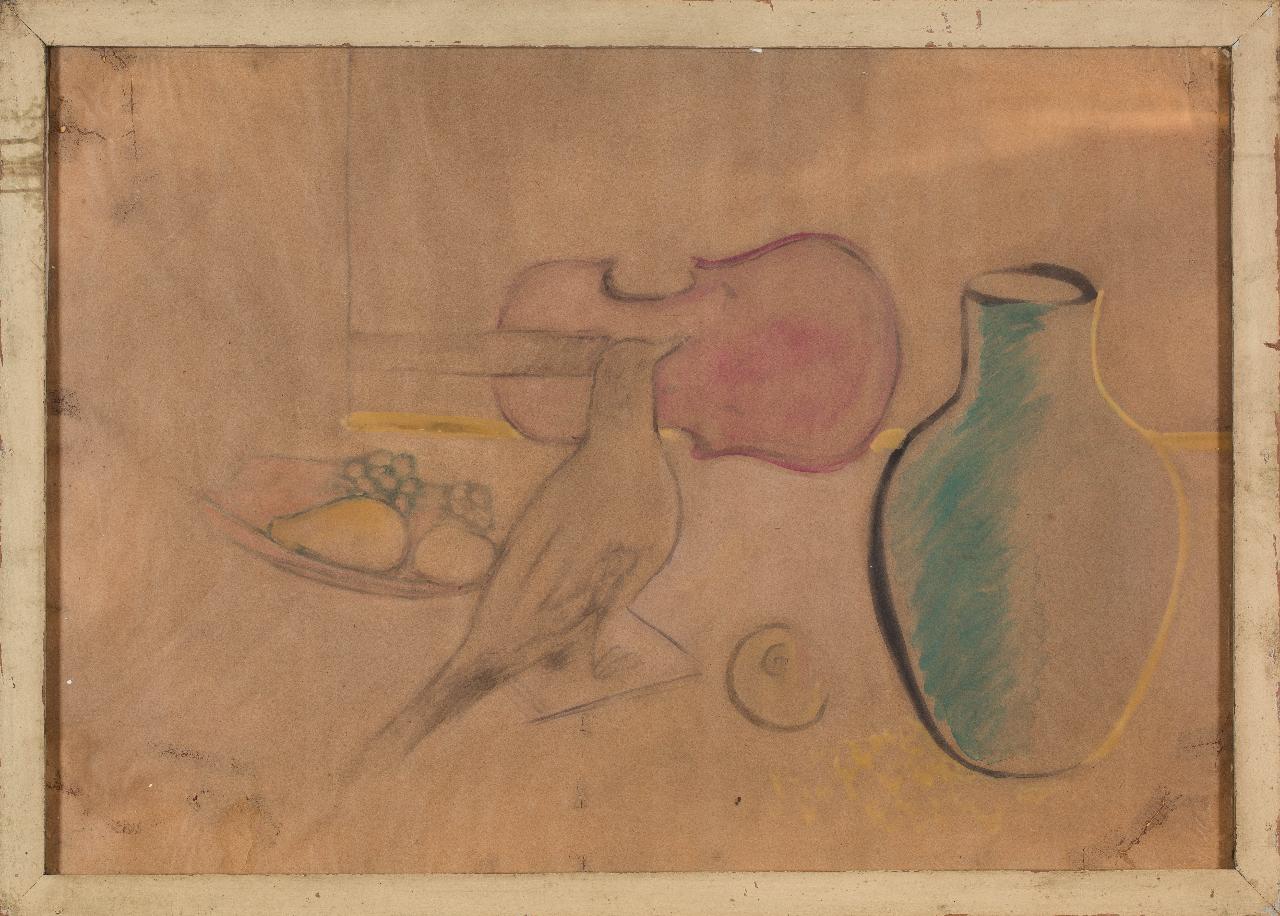 Natura morta con chitarra, vaso e uccello, natura morta con strumenti musicali (dipinto) di Pintori, Giovanni (sec. XX)