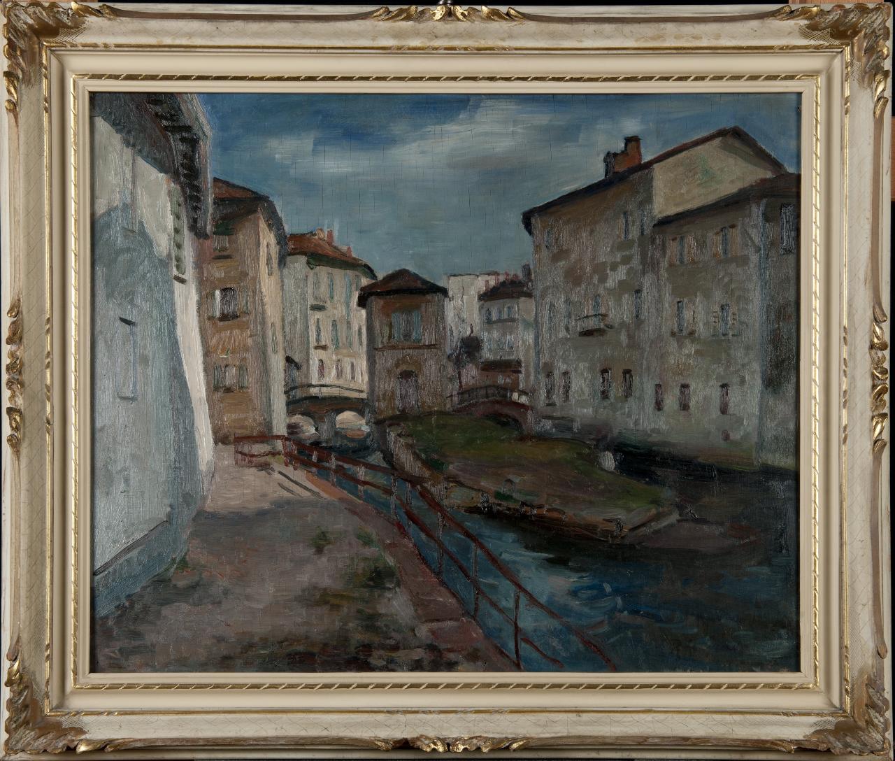 Via dei Mulini a Monza, ex "Lambro in via Spalto Isolino"; ex "Veduta del fiume Lambro", veduta urbana (dipinto) di De Grada, Raffaele (sec. XX)